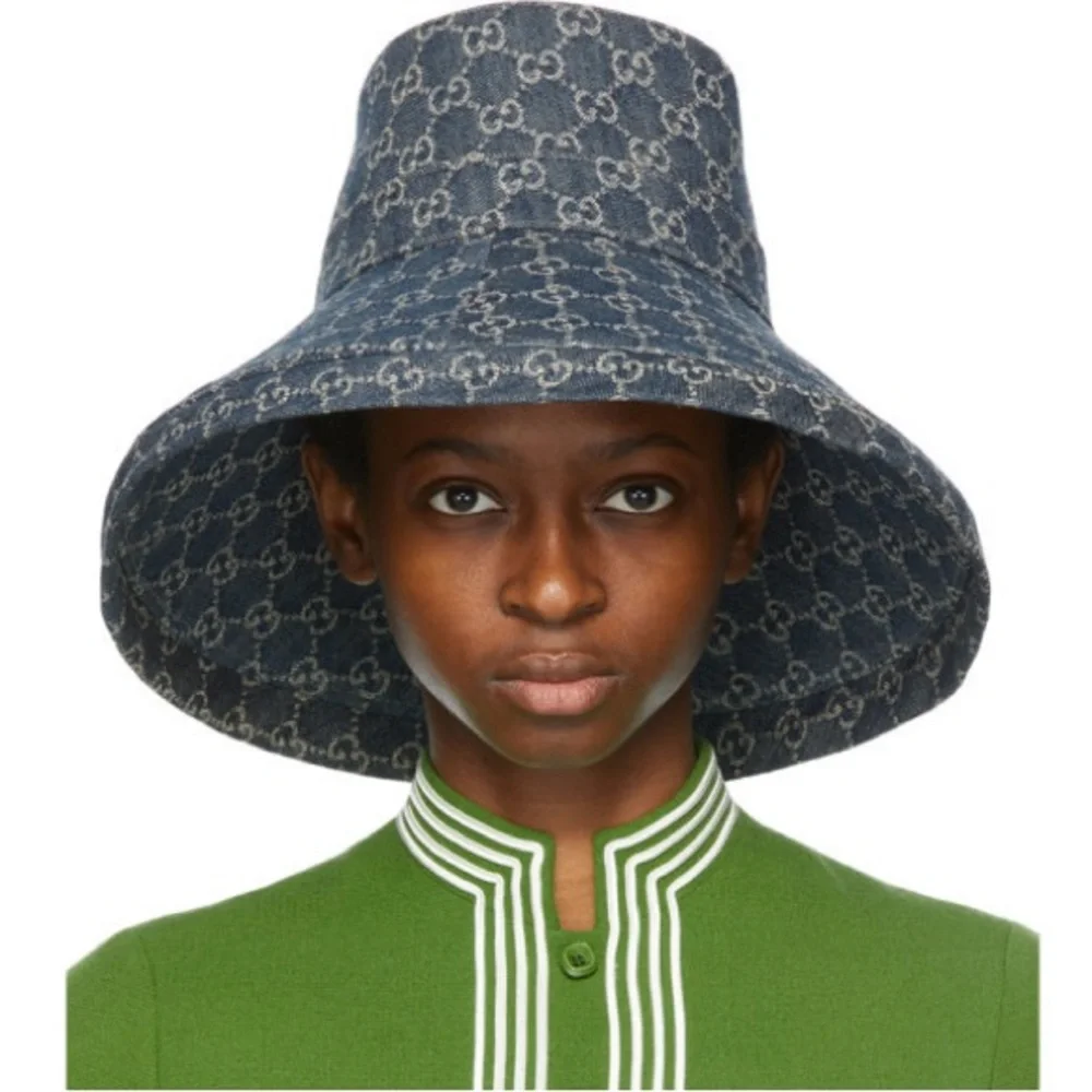 Gucci Denim GG Monogram Bucket Hat  Wide Large Brim Navy Blue Jacquard Beach - Picture 7 of 16